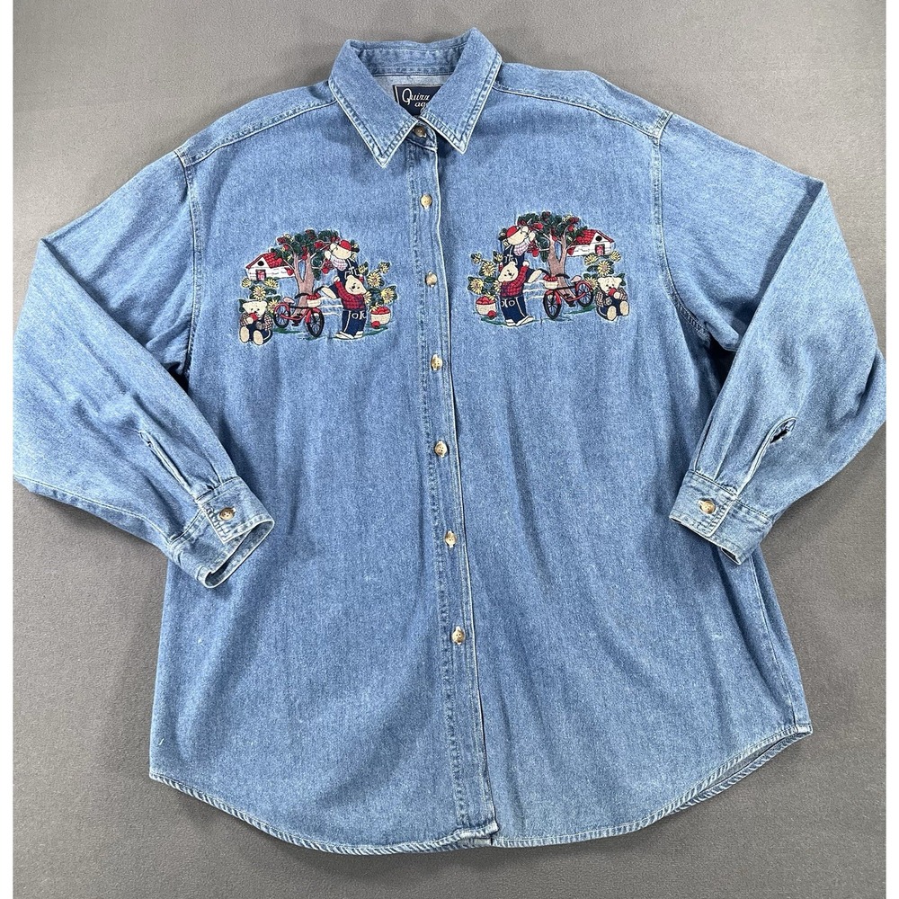Quizz Again Denim Shirt Sz Large Embroidered Bears Apple Sunflowers Cottage Core